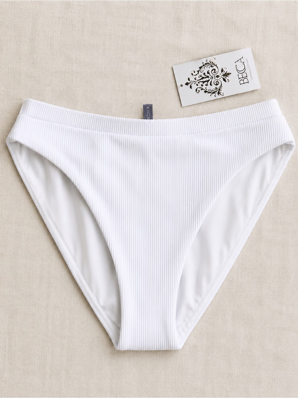 BECCA White Ribbed High Waist Bikini Bottom Size L NWT Resort Swim